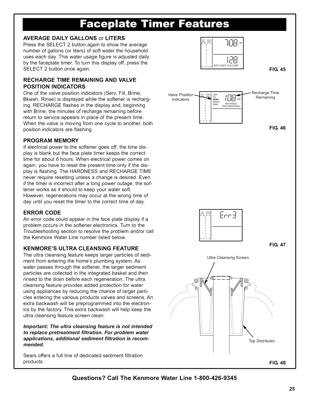 Kenmore 625.38376 Average Dally Gallons or Liters, Recharge Time Remaining and Valve Position Indicators, Program Memory 