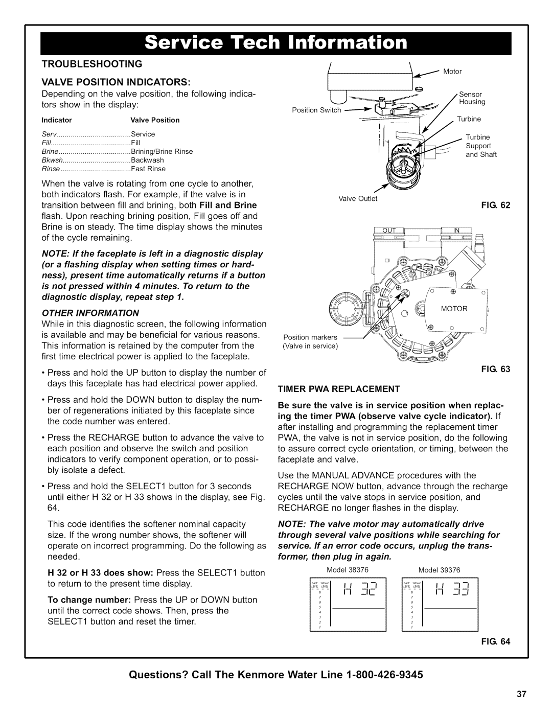 Kenmore 625.38376 owner manual Troubleshooting Valve Position Indicators, Timer PWA Replacement 