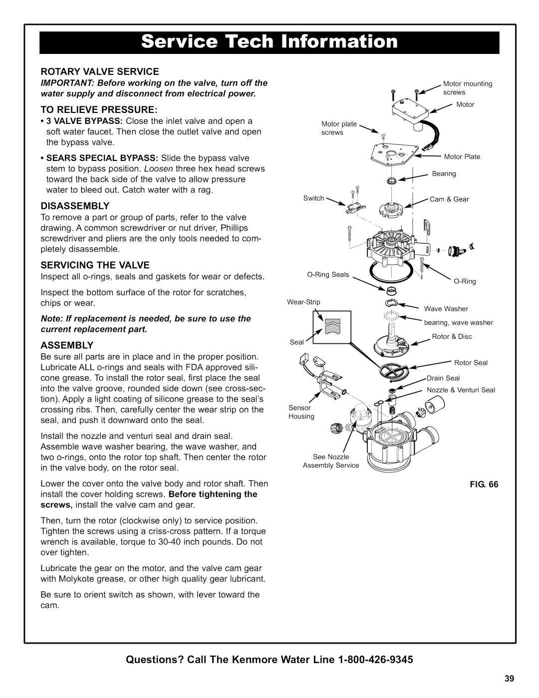 Kenmore 625.38376 owner manual Rotaryvalveservice, To Relieve Pressure, Disassembly, Servicing the Valve, Assembly 