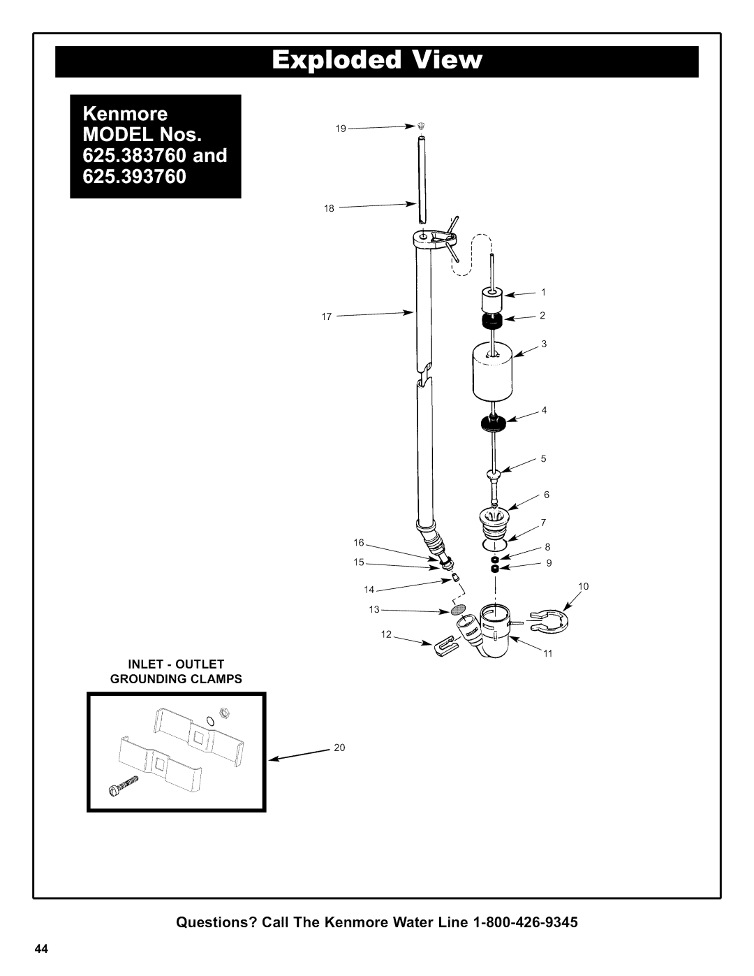 Kenmore 625.38376 owner manual Inlet Outlet Grounding Clamps 