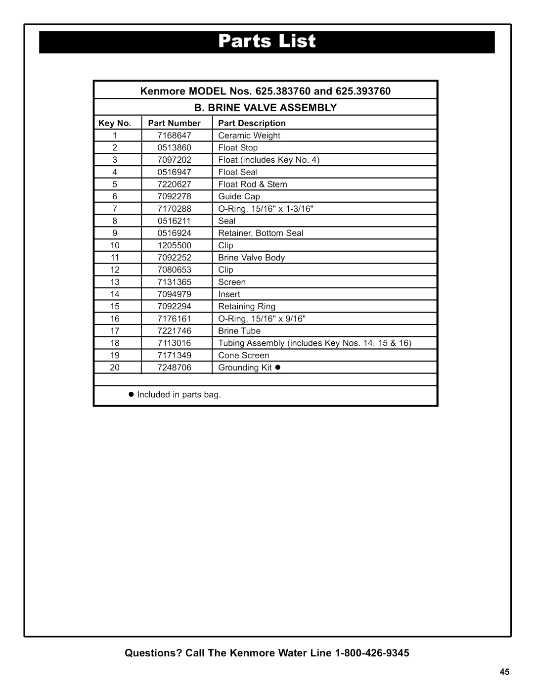 Kenmore 625.38376 owner manual Brine Valve Assembly 