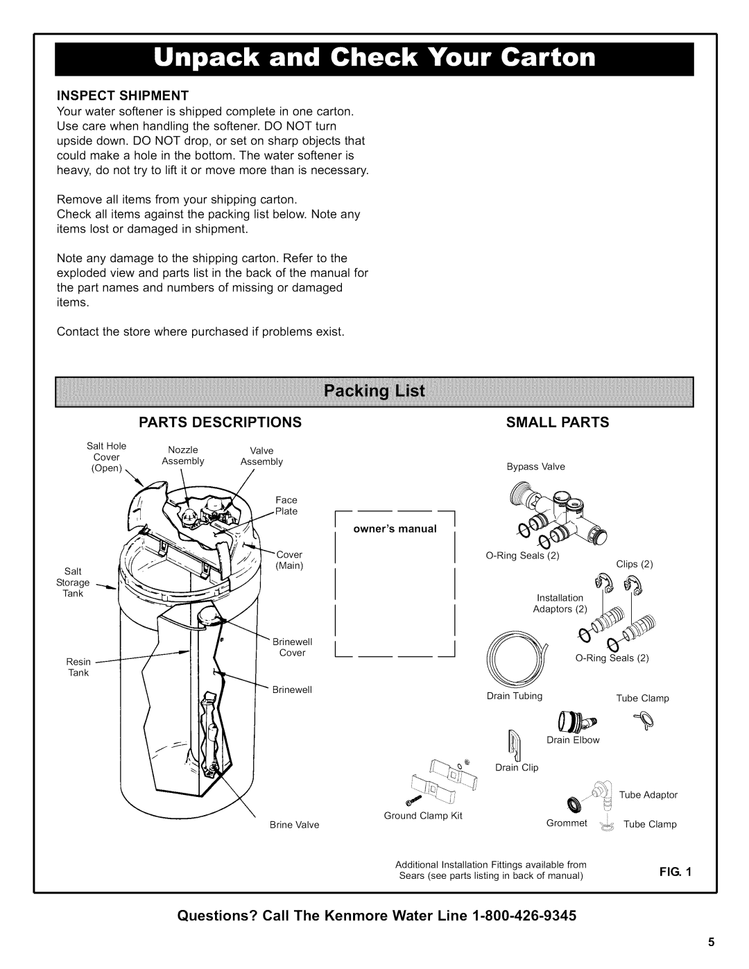 Kenmore 625.38376 owner manual Inspectshipment, Parts Descriptions Small Parts 