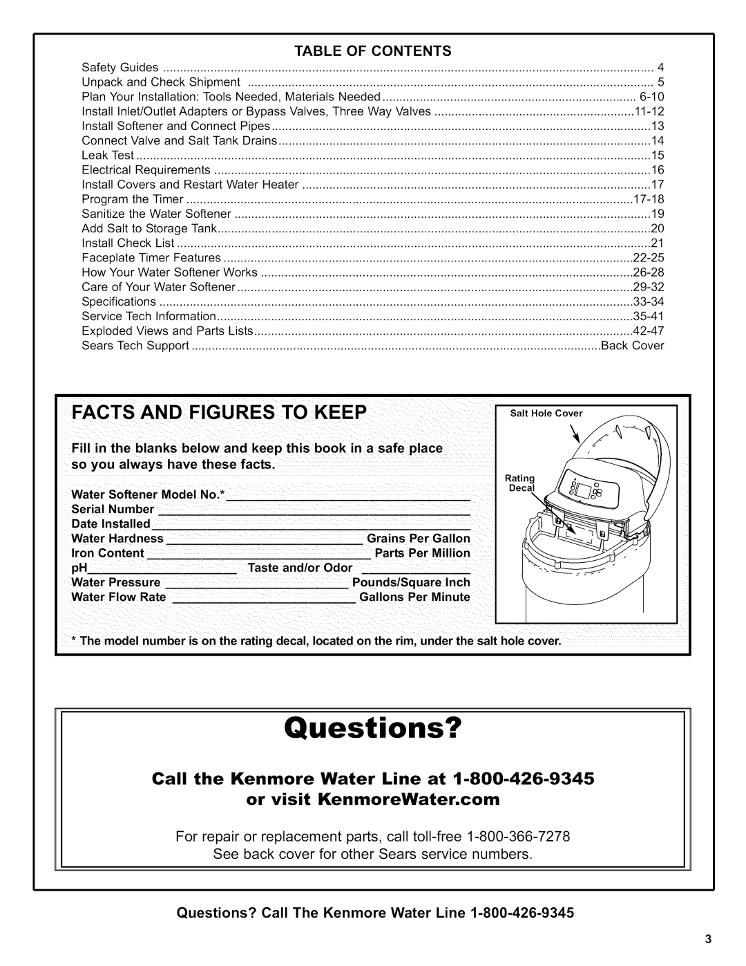 Kenmore 625.38376 Questions?, Call the Kenmore Water Line at or visit KenmoreWater.com, Of Contents, Softener Model 