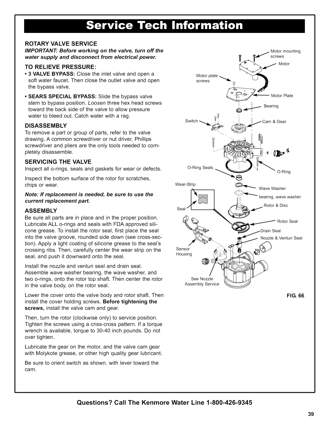 Kenmore 625.38376 owner manual Rotaryvalveservice, Questions? Call The Kenmore Water Line, To Relieve Pressure, Disassembly 