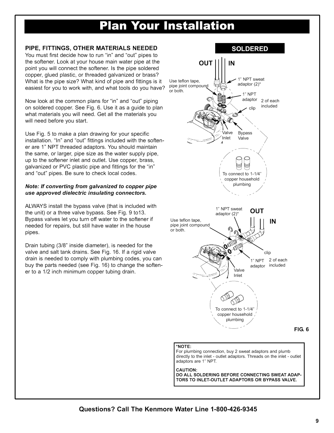 Kenmore 625.38376 owner manual Out In, Questions? Call The Kenmore Water Line, Toconnect to 1-1/4, To connect to 1-1/4 