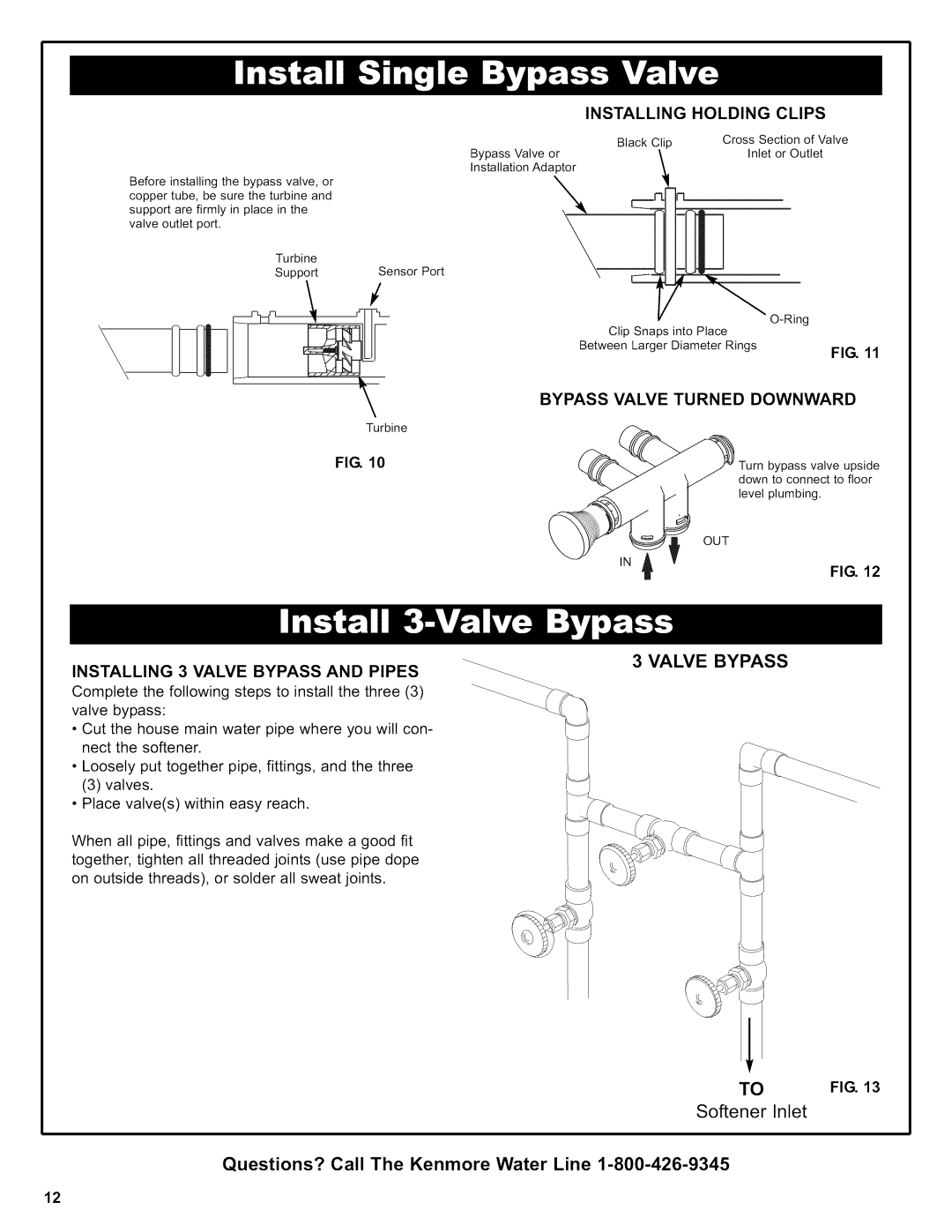 Kenmore 625.38426 owner manual Valve Bypass, Installing Holding Clips, Bypass Valve Turned Downward 