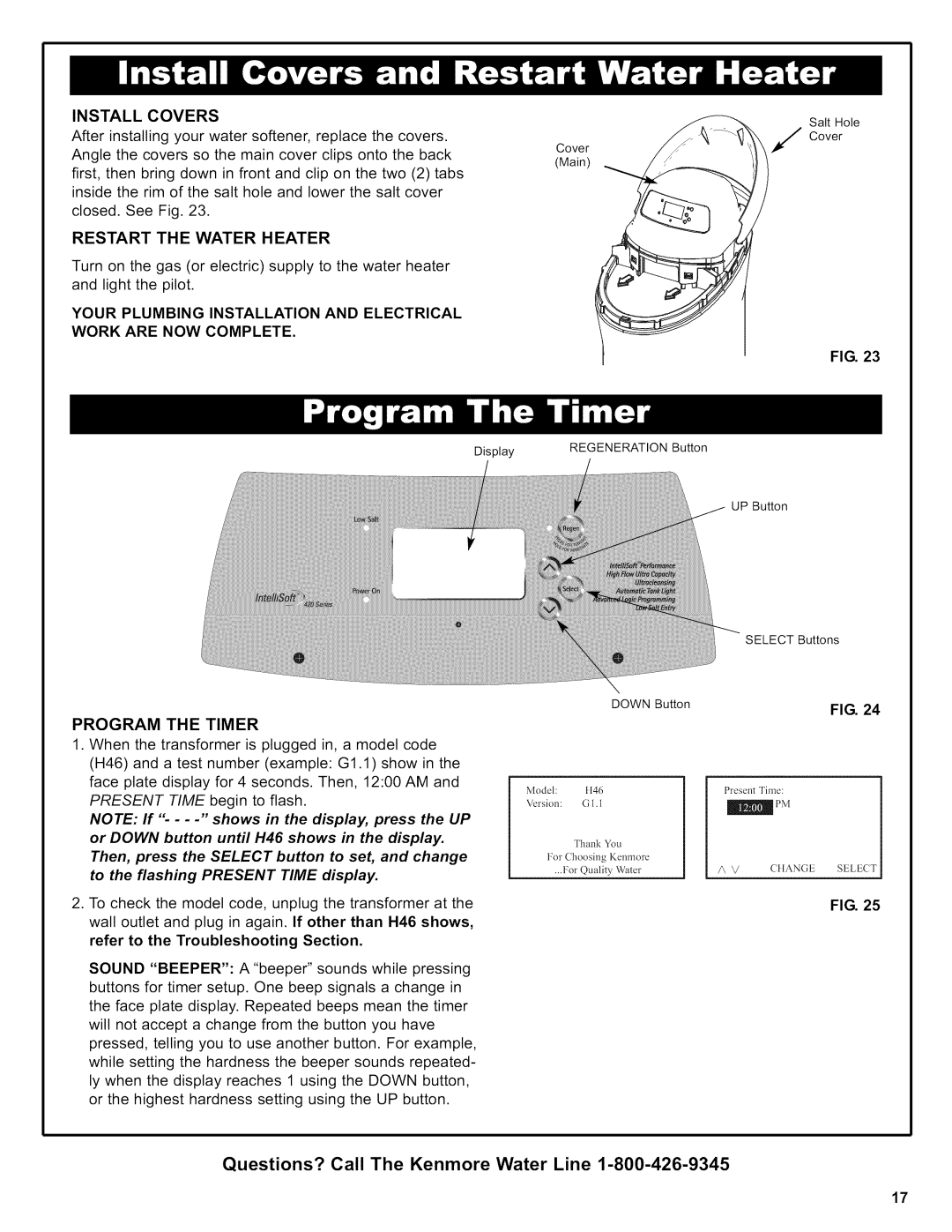 Kenmore 625.38426 owner manual Install Covers, Restart the Water Heater, Program the Timer 