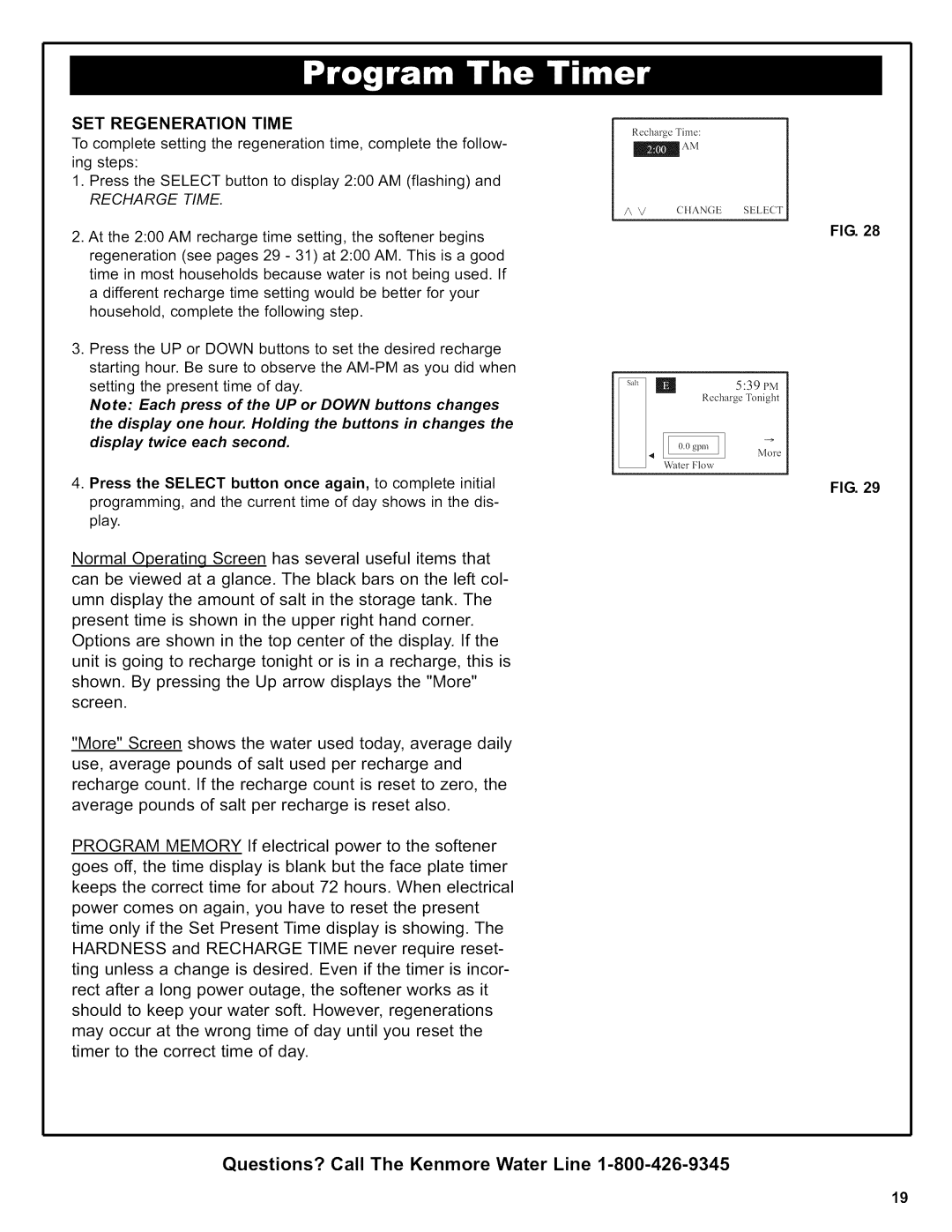 Kenmore 625.38426 owner manual SET Regeneration Time, Recharge Time 