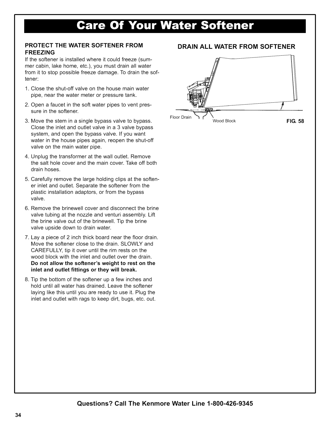 Kenmore 625.38426 owner manual Drain ALL Water from Softener, Freezing 