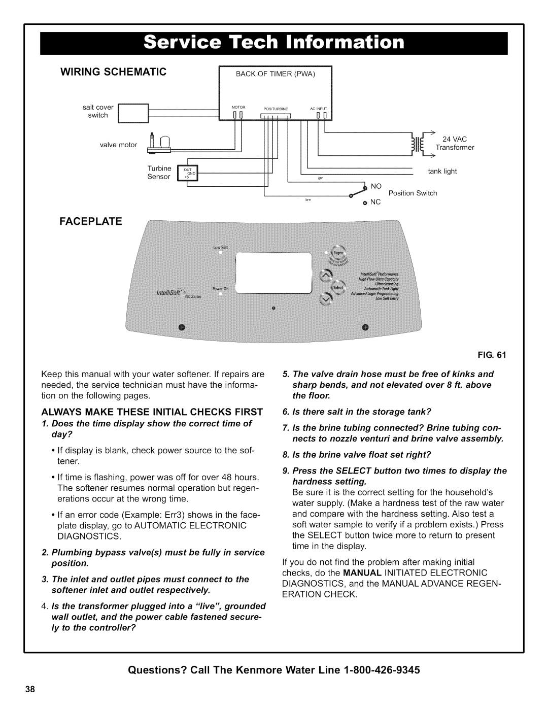 Kenmore 625.38426 owner manual Faceplate, Wiring Schematic, Always Make These Initial Checks First, Eration Check 