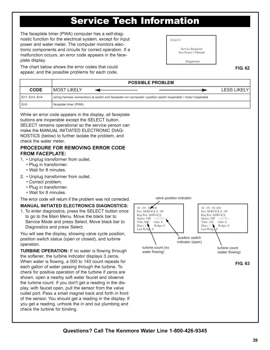 Kenmore 625.38426 Possible Problem, Code Most Likely, Less Likely, Procedure for Removing Error Code From Faceplate 