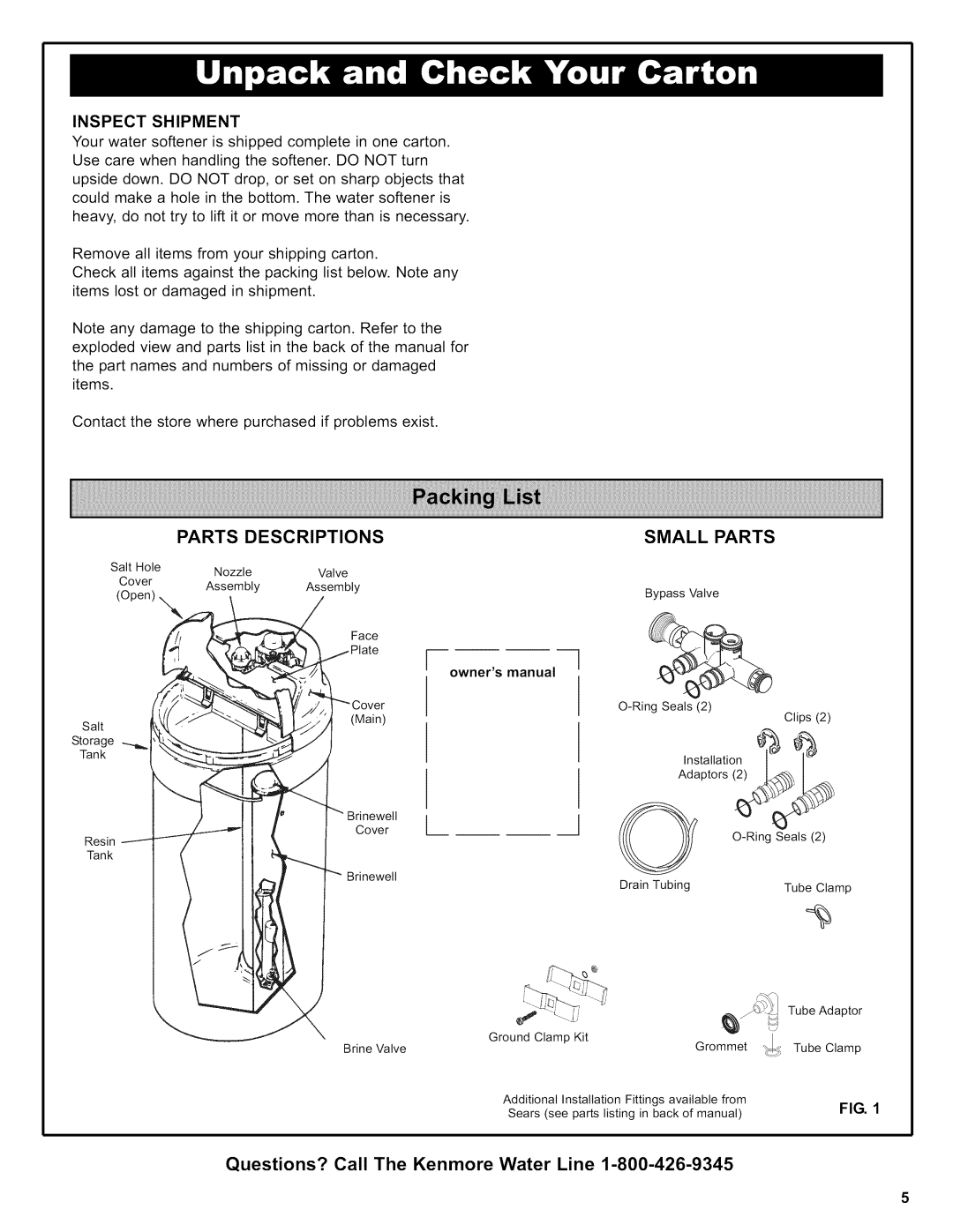 Kenmore 625.38426 owner manual Parts Descriptions Small Parts, Inspect Shipment 