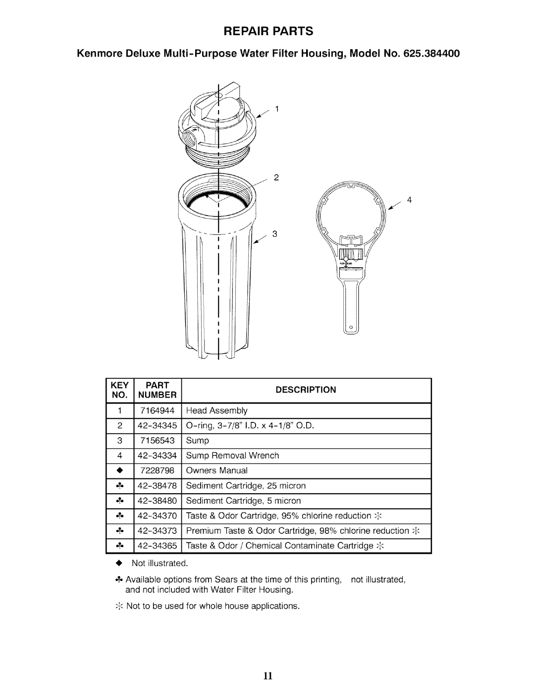 Kenmore 625.3844 owner manual Repair Parts, Kenmore Deluxe Multi-Purpose Water Filter Housing, Model No 