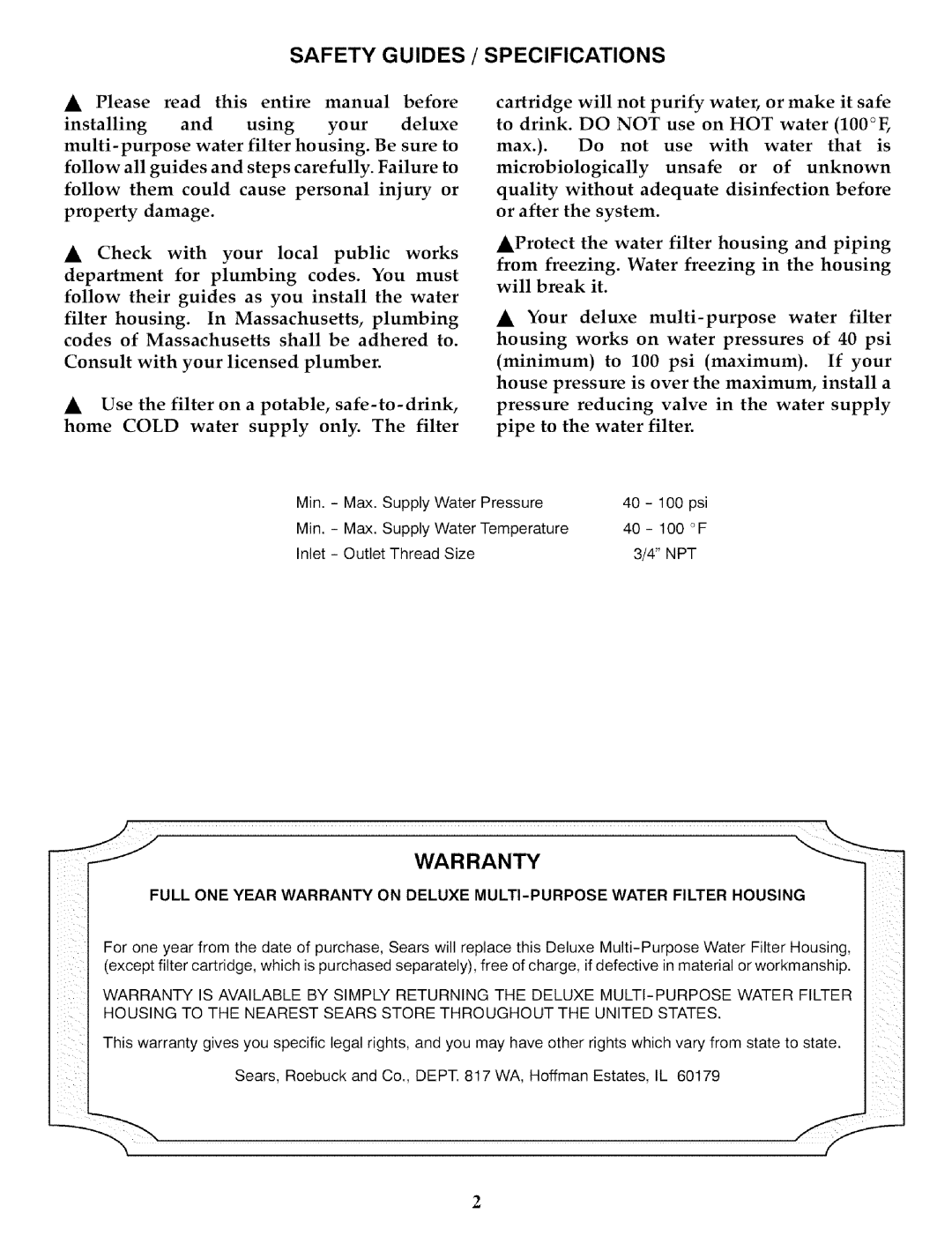 Kenmore 625.3844 owner manual Safety Guides / Specifications, Installing and using your deluxe 