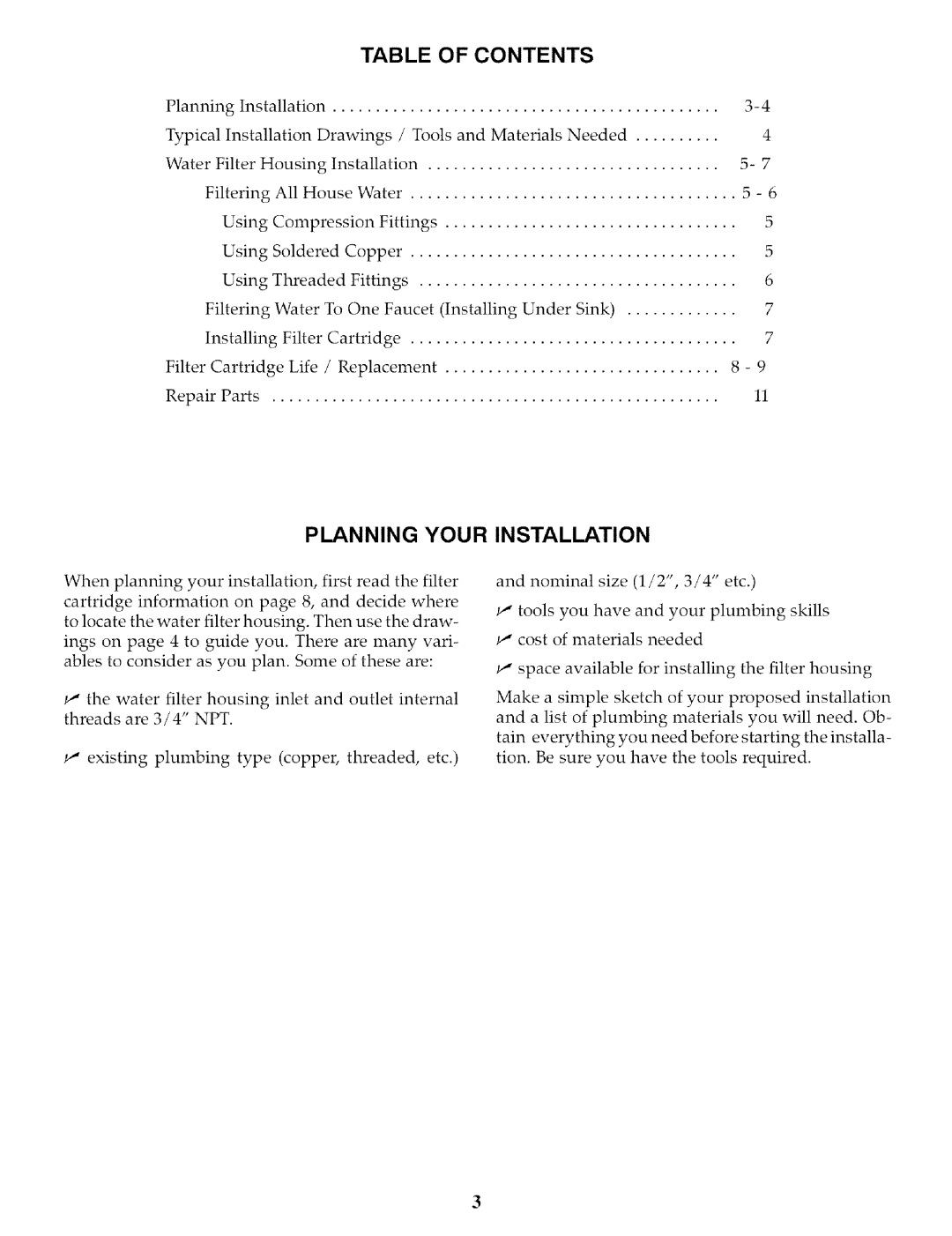 Kenmore 625.3844 owner manual Planning Your Installation, Table of Contents 