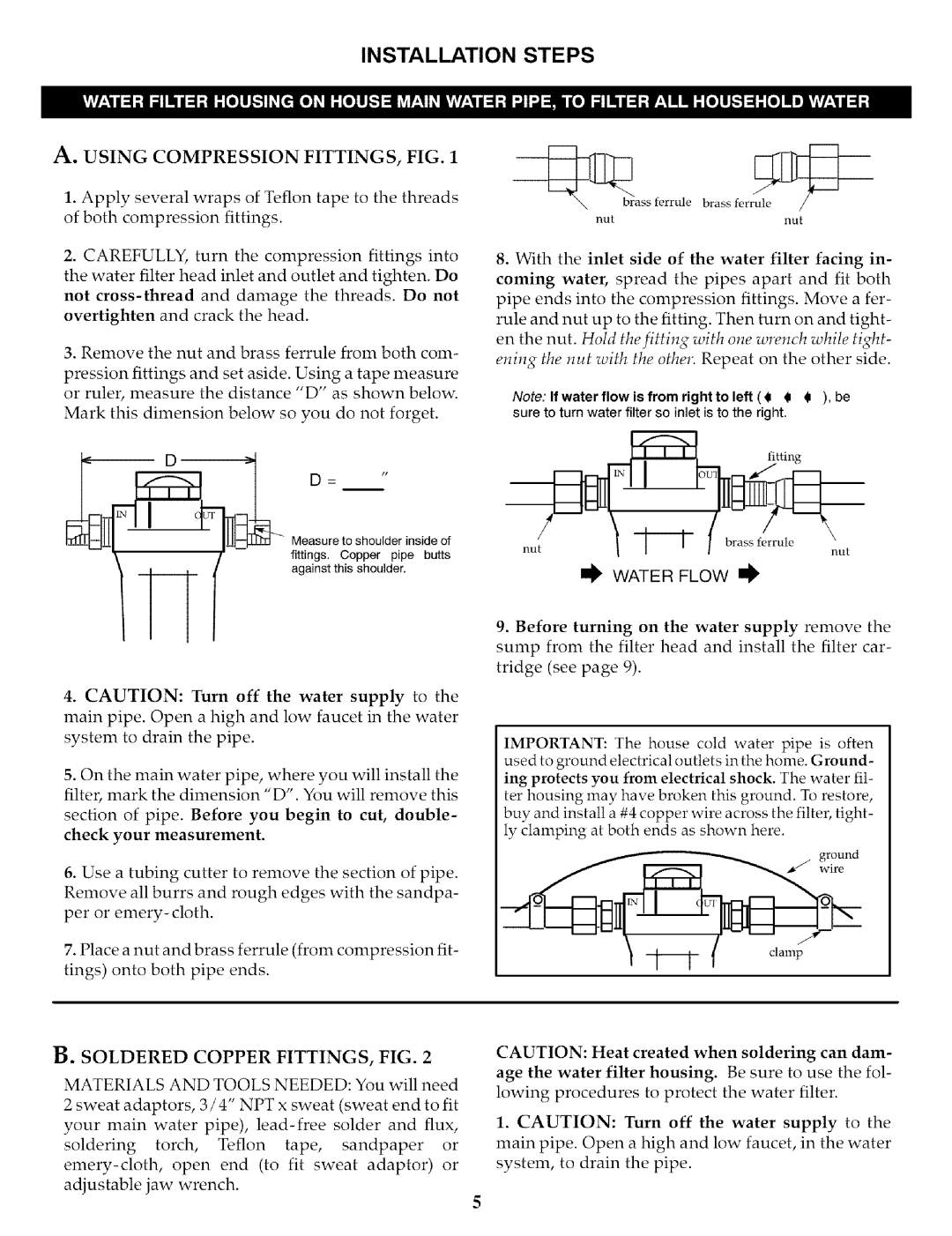 Kenmore 625.3844 owner manual Installation Steps, Using Compression FITTINGS, FIG, Soldered Copper FITTINGS, FIG 