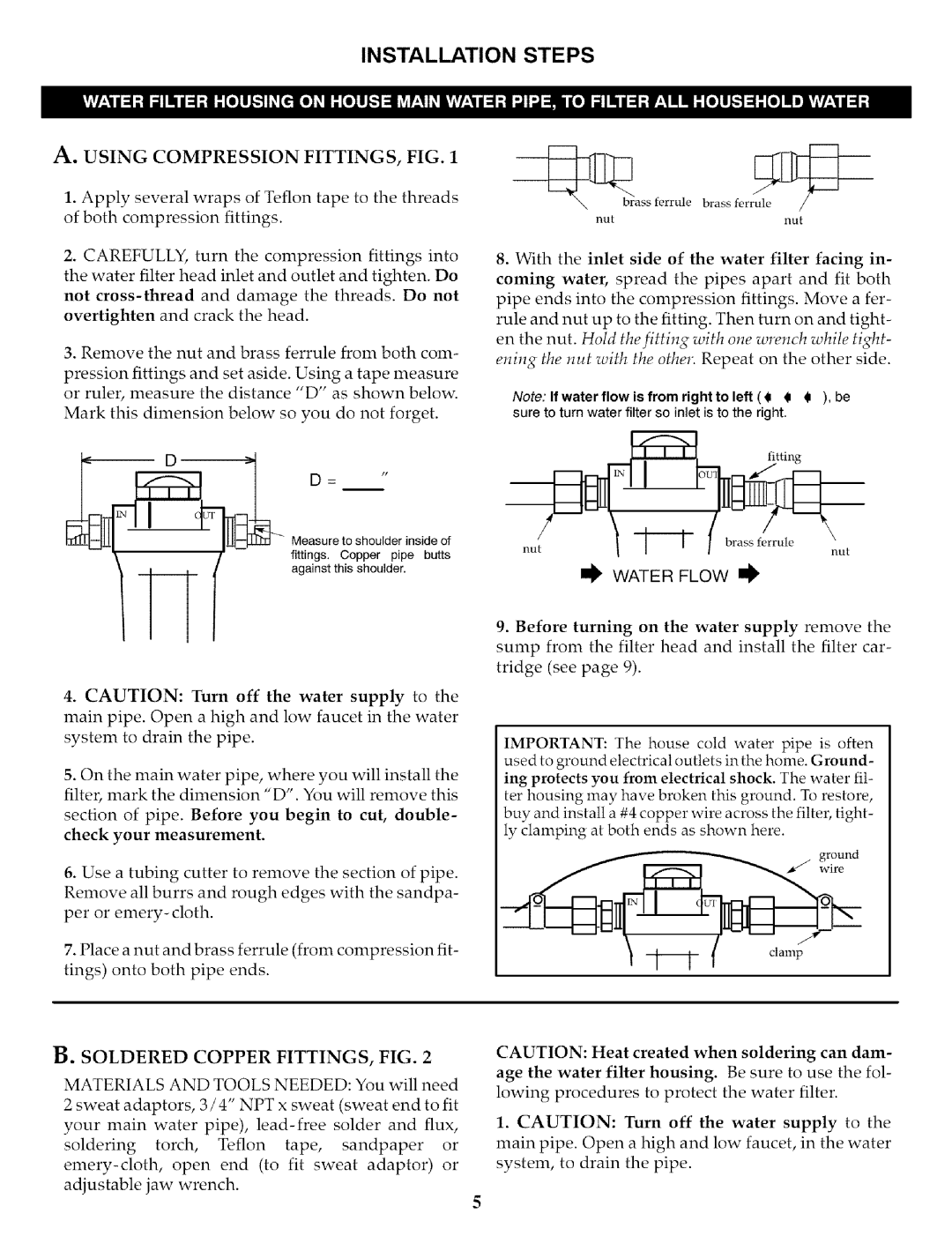 Kenmore 625.3844 owner manual Installation Steps, A. Using Compression Fittings, Fig, B. Soldered Copper Fittings, Fig 