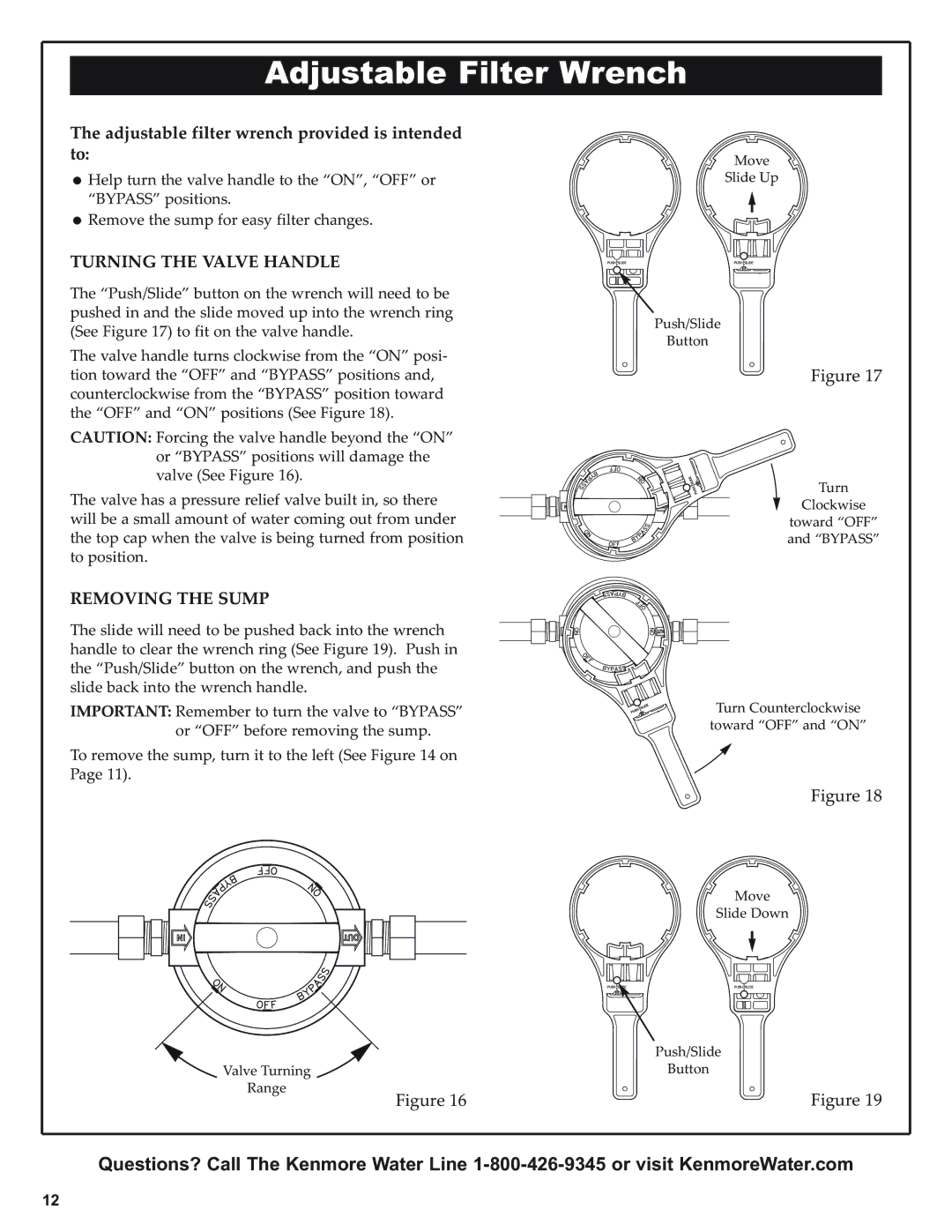 Kenmore 625.38445 owner manual Adjustable Filter Wrench, Turning the Valve Handle, Removing the Sump 