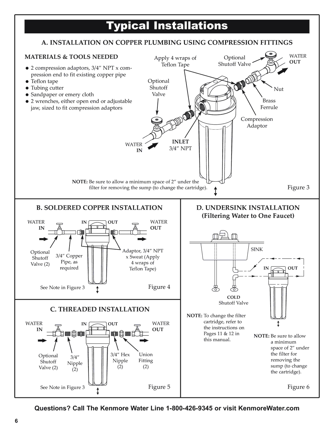 Kenmore 625.38445 Typical Installations, Installation on Copper Plumbing Using Compression Fittings, Threaded Installation 