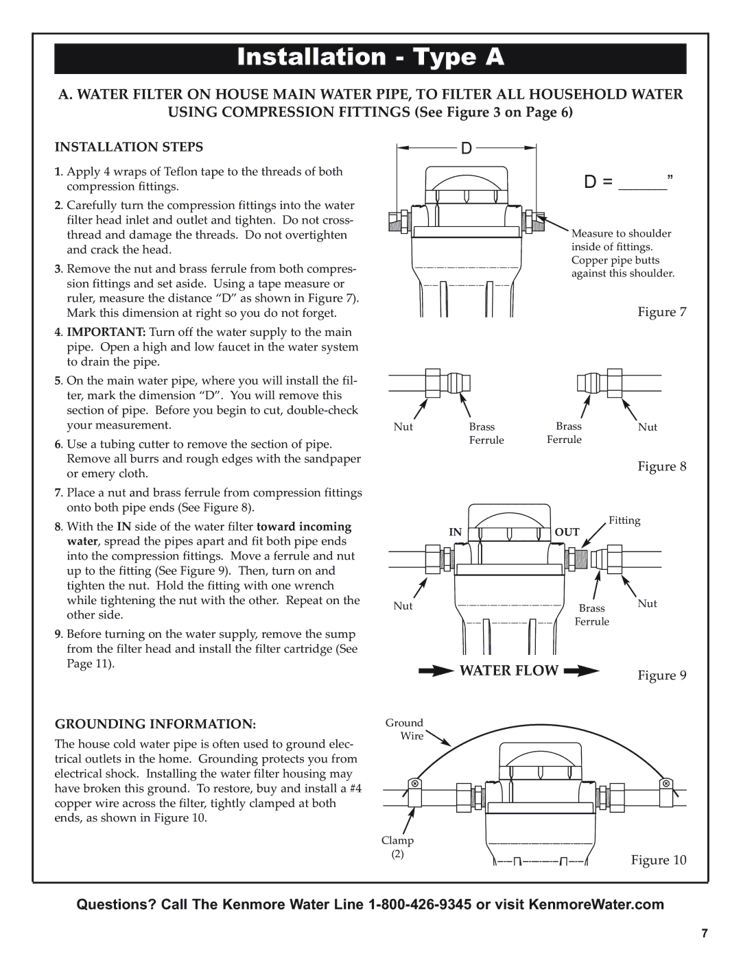 Kenmore 625.38445 owner manual Installation Type a, Using Compression Fittings See on, Water Flow, Installation Steps 