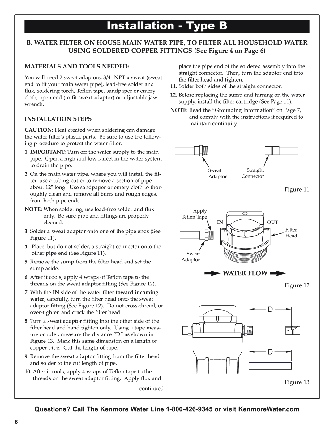 Kenmore 625.38445 owner manual Installation Type B, Using Soldered Copper Fittings See on, Materials and Tools Needed 