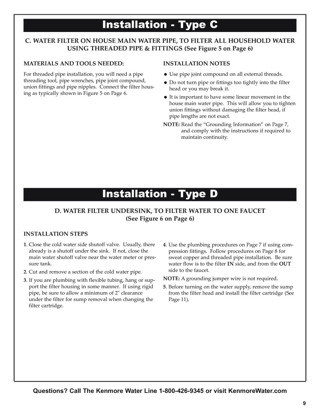 Kenmore 625.38445 owner manual Installation Type C, Installation Type D, Using Threaded Pipe & Fittings See on 