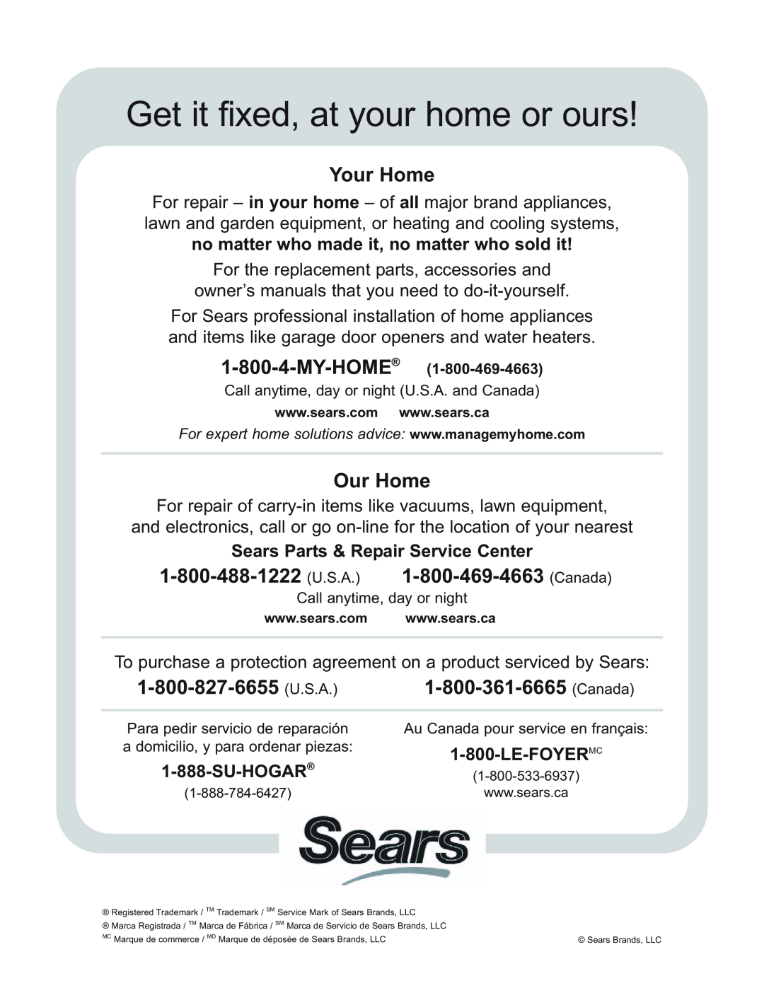 Kenmore 625.38445 Sears Parts & Repair Service Center, Su-Hogar, Le-Foyermc, Get it fixed, at your home or ours, Your Home 
