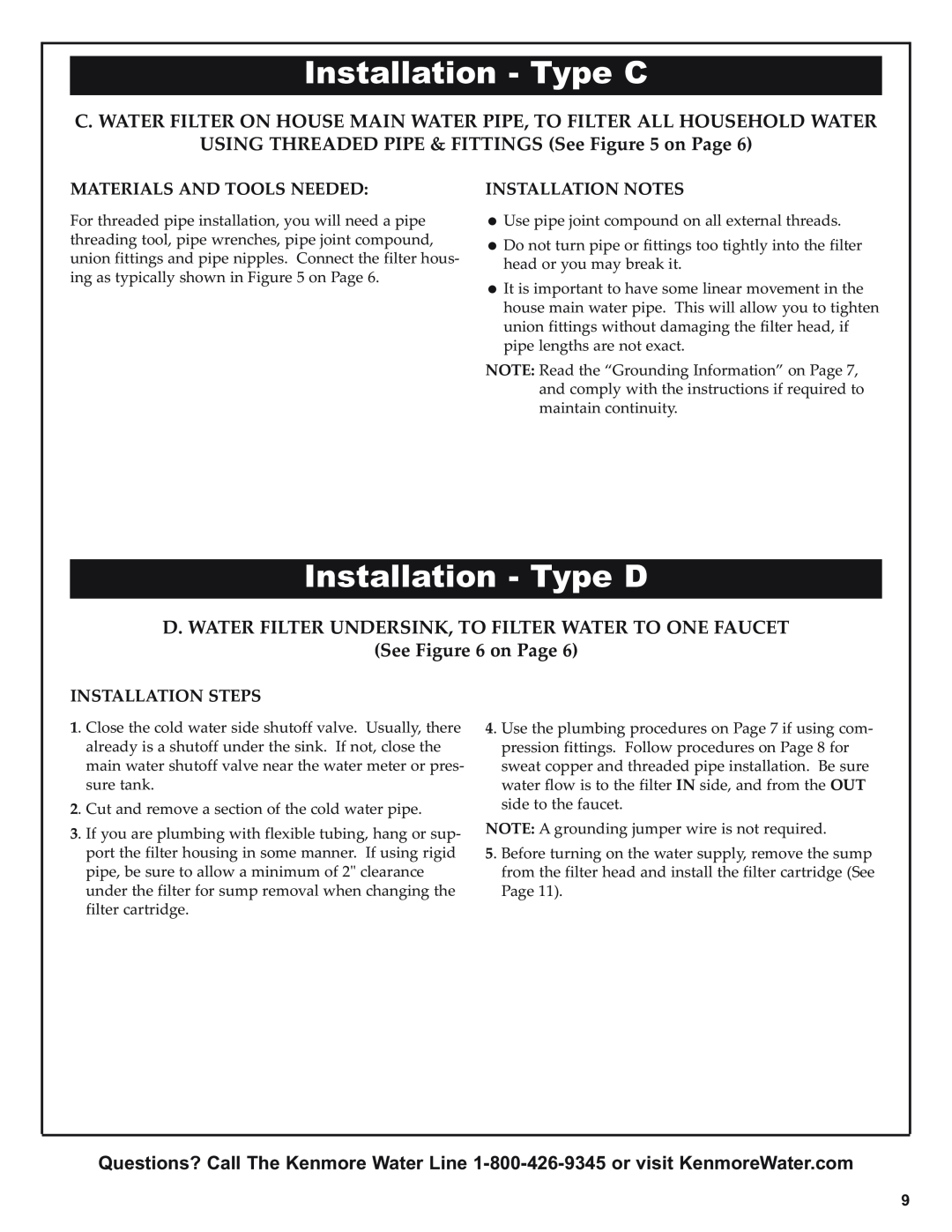 Kenmore 625.38445 owner manual Installation - Type C, Installation - Type D, USING THREADED PIPE & FITTINGS See on Page 
