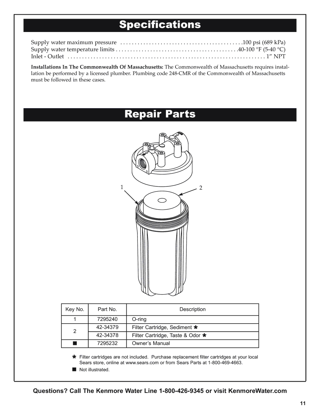 Kenmore 625.38448 owner manual Specifications, Repair Parts 