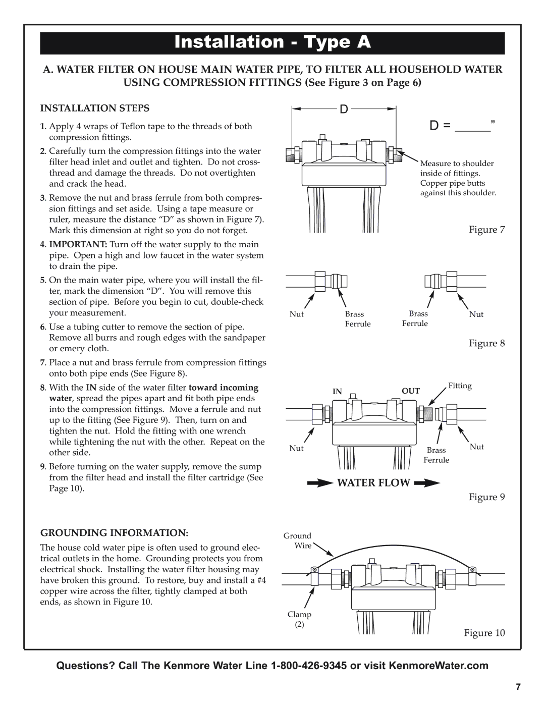 Kenmore 625.38448 owner manual Installation Type a, Using Compression Fittings See on, Water Flow, Installation Steps 