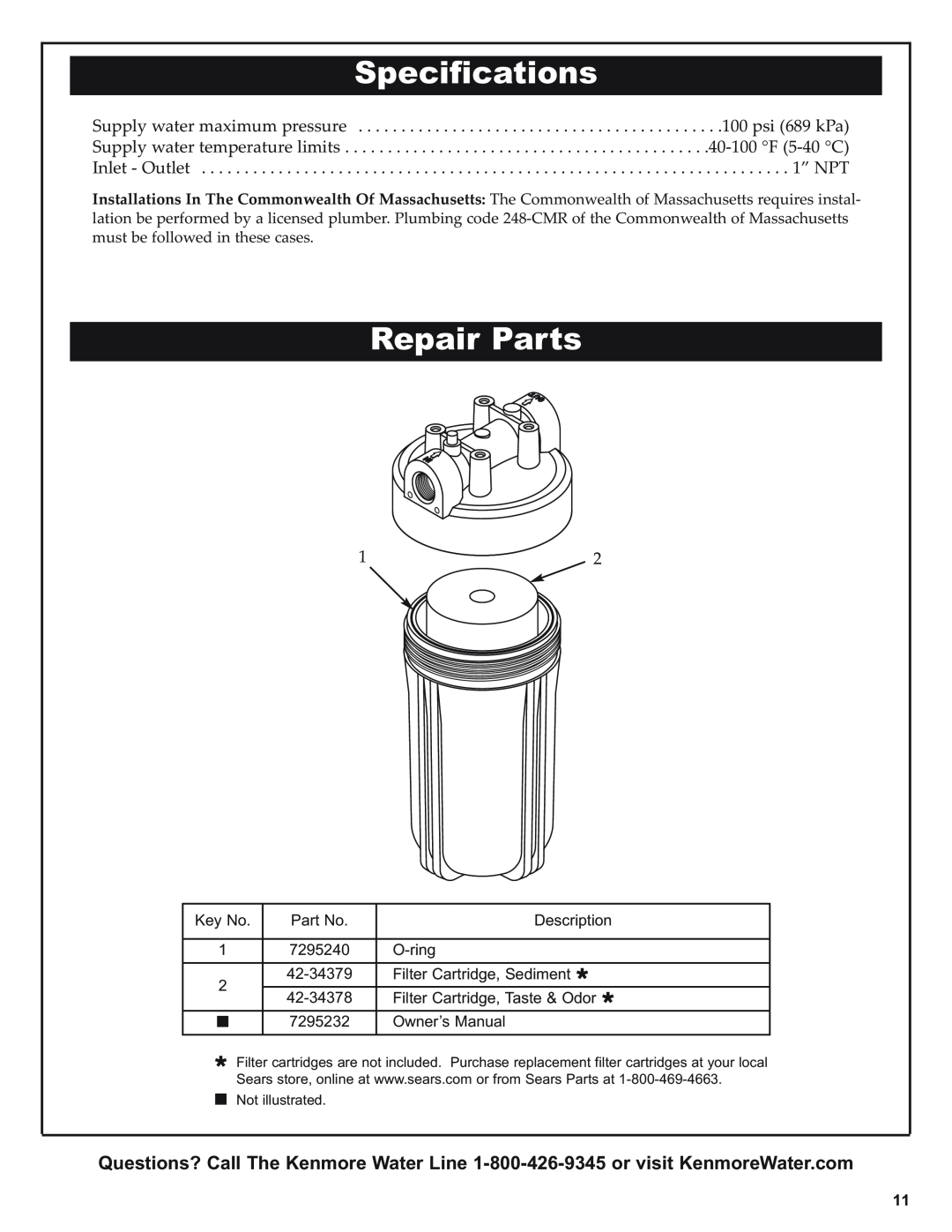 Kenmore 625.38448 Specifications, Repair Parts, Description, 7295240, O-ring, 42-34379, Filter Cartridge, Sediment 