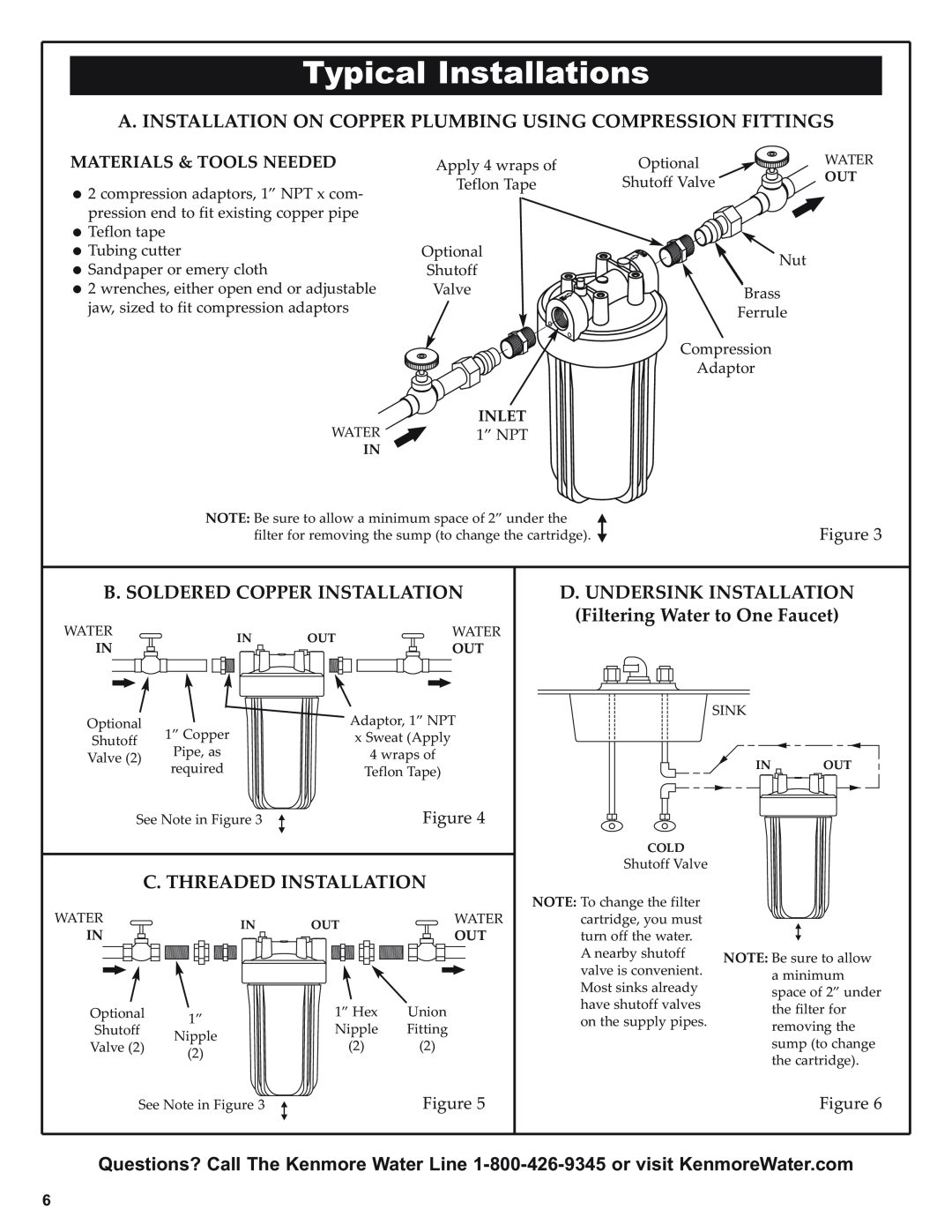 Kenmore 625.38448 owner manual Typical Installations, A. Installation On Copper Plumbing Using Compression Fittings 