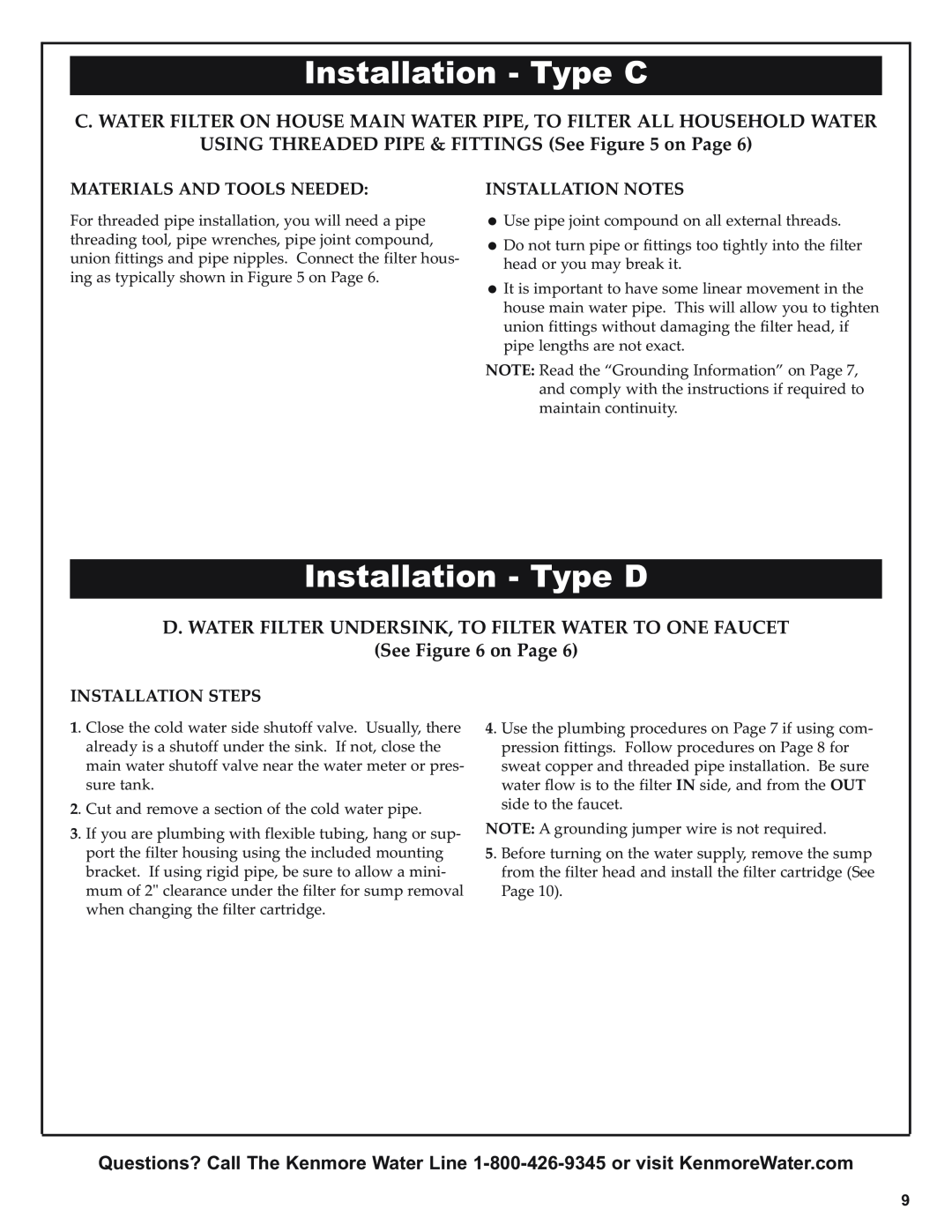 Kenmore 625.38448 owner manual Installation - Type C, Installation - Type D, USING THREADED PIPE & FITTINGS See on Page 