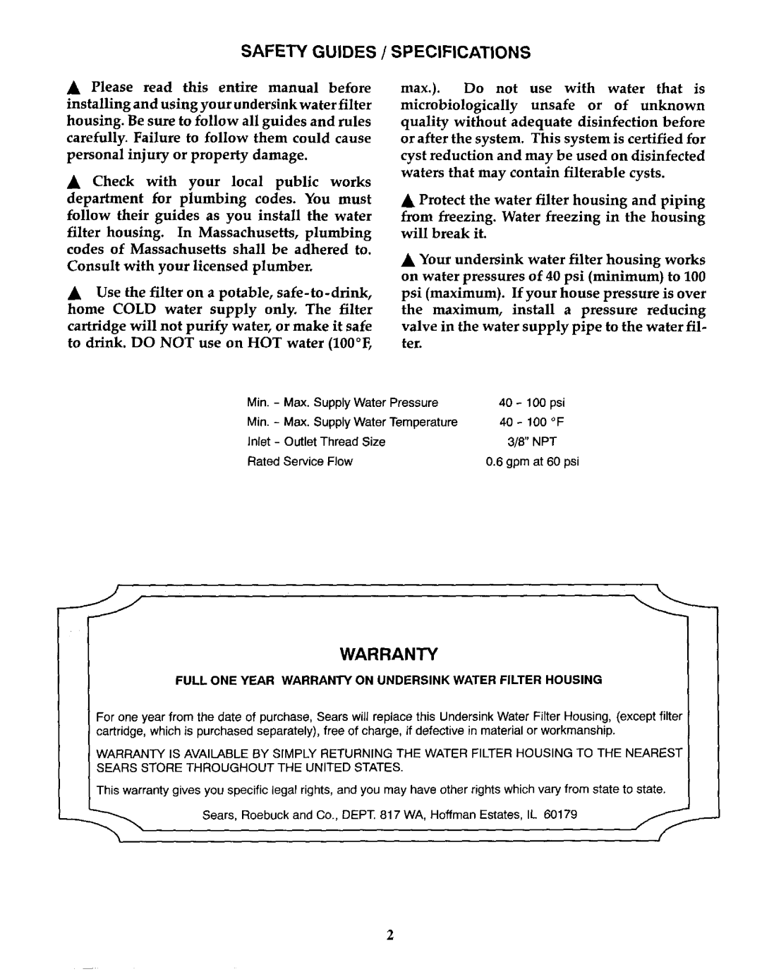 Kenmore 625.3845 owner manual Safety Guides / Specifications, Warranty 