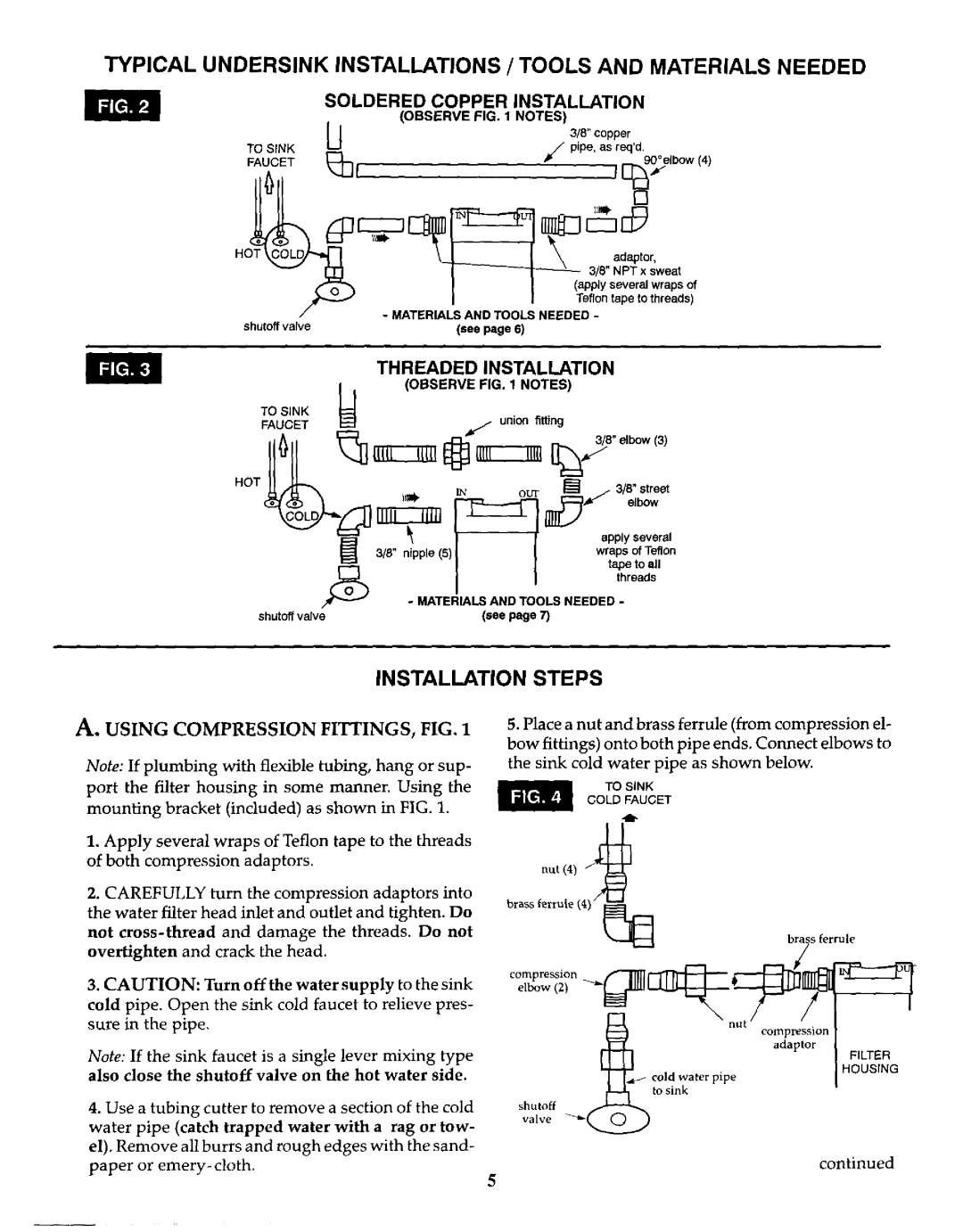 Kenmore 625.3845 owner manual Installation Steps, Using Compression FITTINGS, FIG, Not Cross-thread, Overtighten 