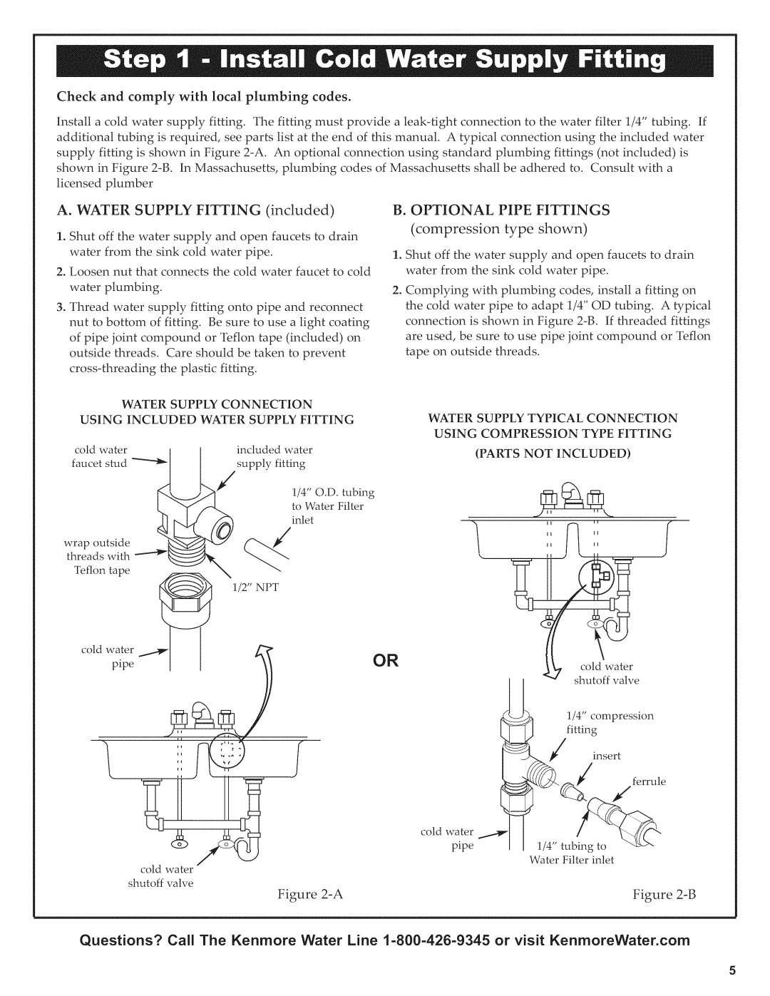Kenmore 625.38454 owner manual incudedwater, codwaer, B. OPTIONAL PIPE FITTINGS compression type shown, Parts Not Included 