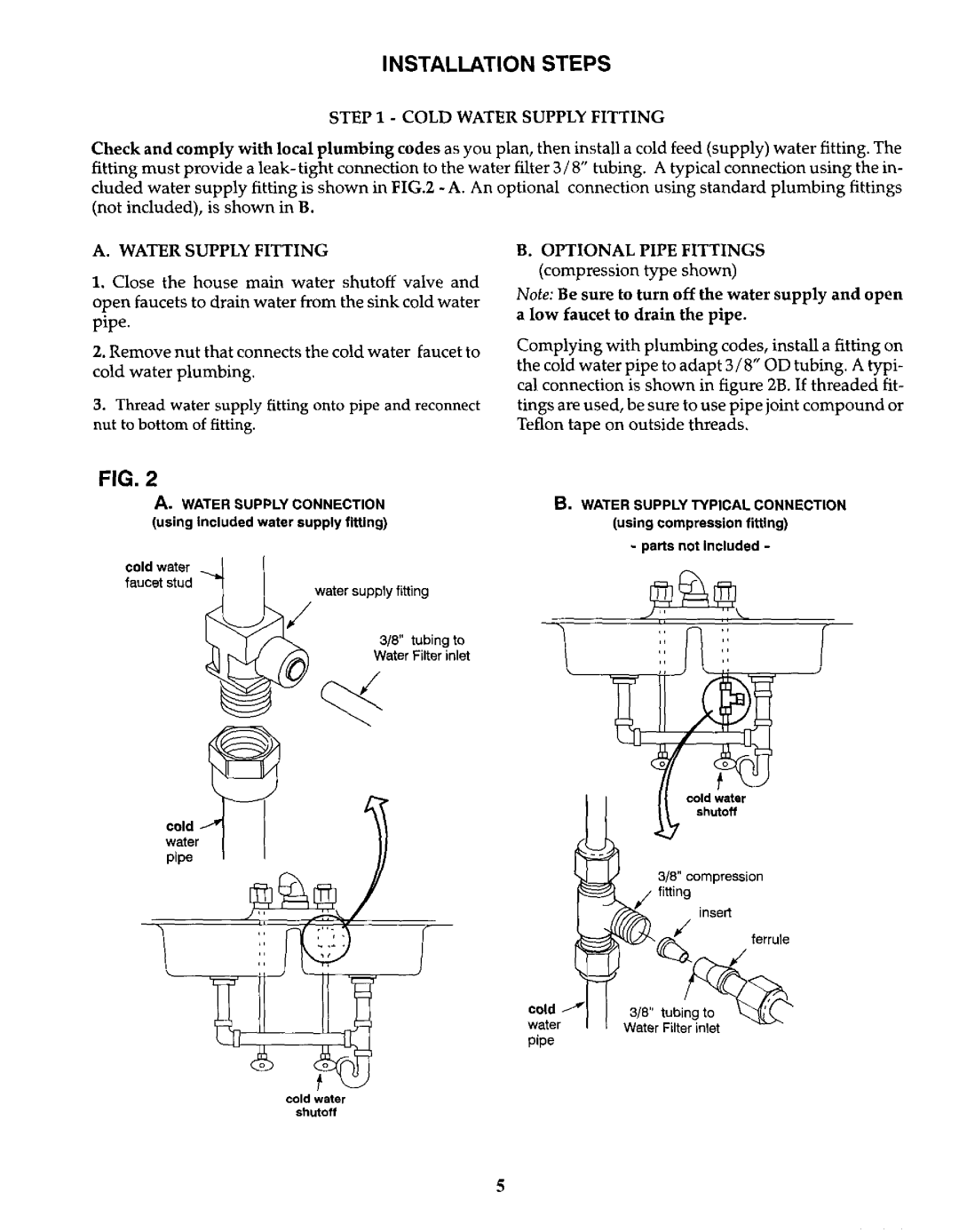 Kenmore 625.384600 owner manual Installation Steps, Cold Water Supply Fitting, Optional Pipe Fittings 