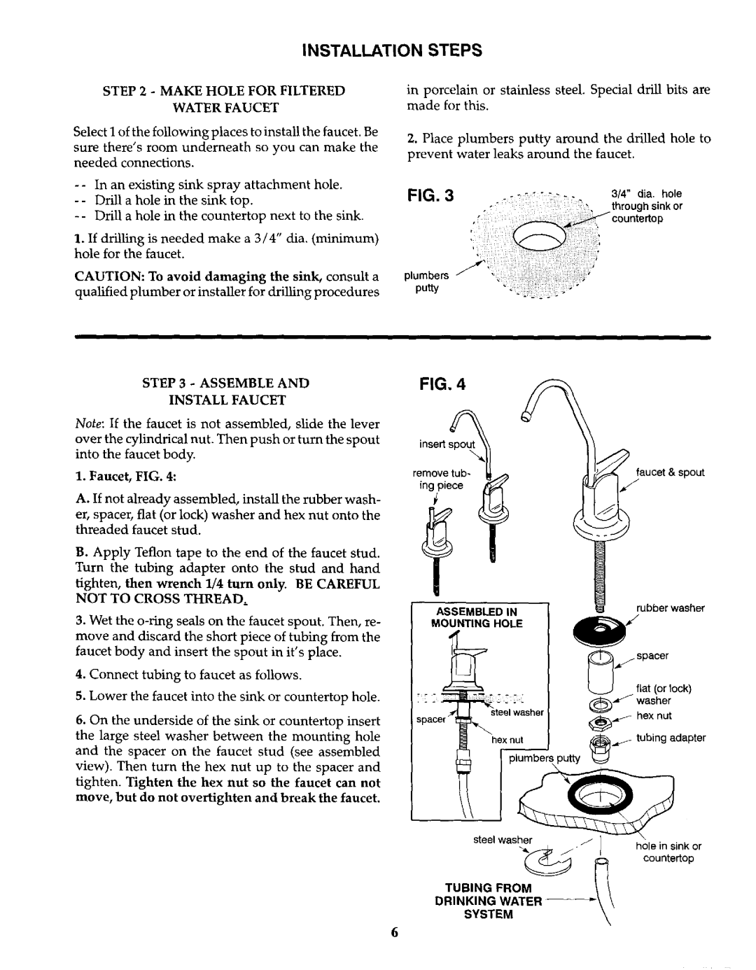 Kenmore 625.384600 owner manual Make Hole for Filtered Water Faucet, Assemble Install Faucet, Not to Cross Thread 