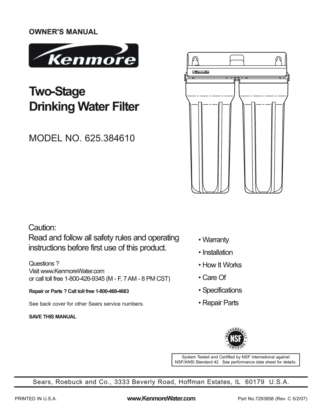 Kenmore 625.38461 warranty Two-Stage Drinking Water Filter 