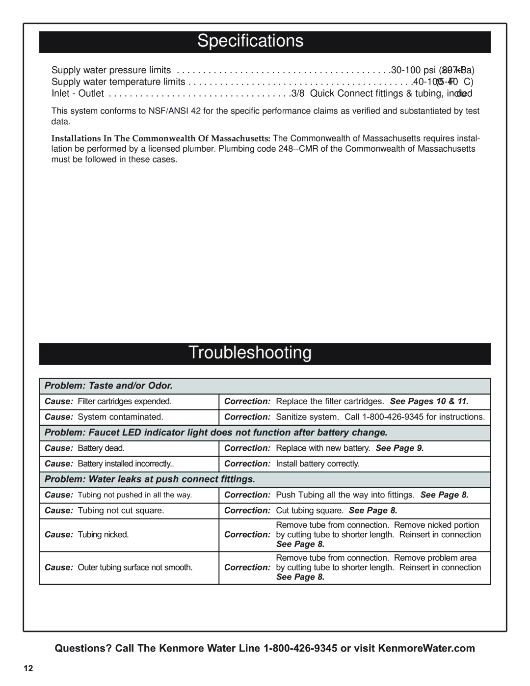 Kenmore 625.38461 warranty Specifications, Troubleshooting 