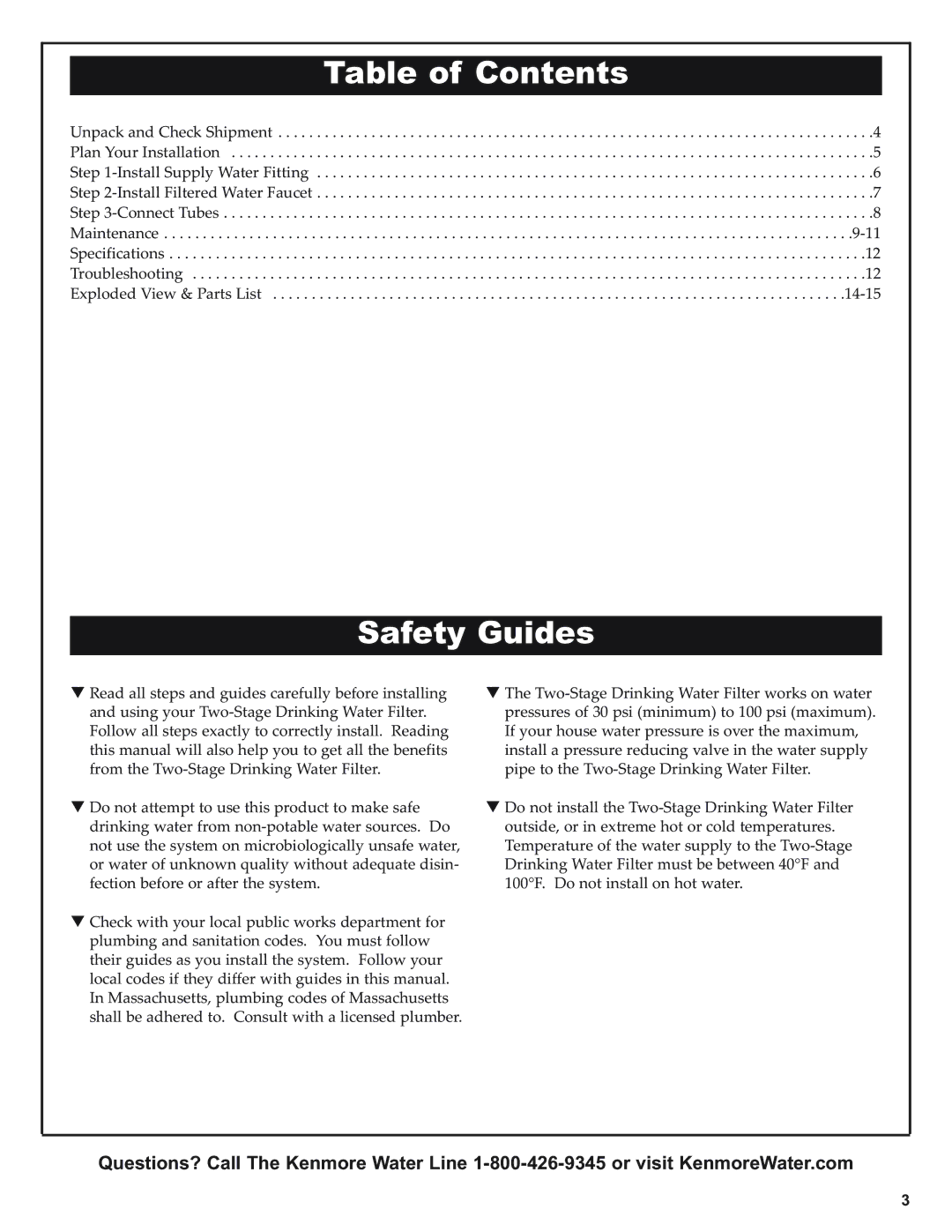 Kenmore 625.38461 warranty Safety Guides, Table of Contents 