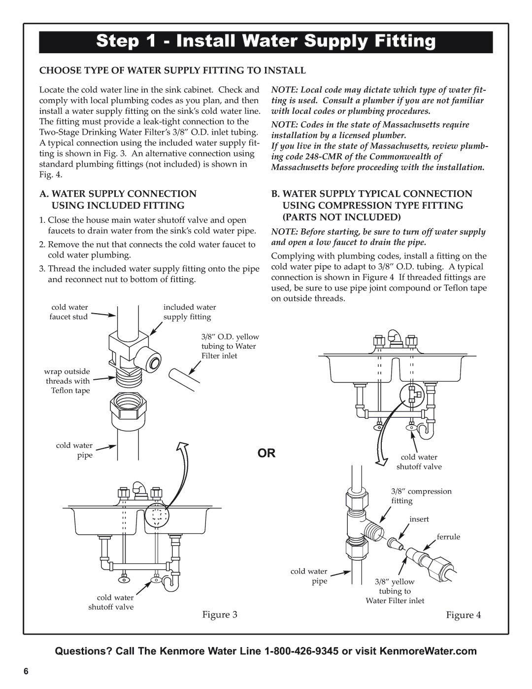 Kenmore 625.38461 warranty Install Water Supply Fitting, Choose Type of Water Supply Fitting to Install 