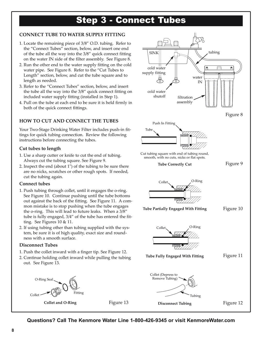 Kenmore 625.38461 warranty Connect Tubes, Connect Tube to Water Supply Fitting, HOW to CUT and Connect the Tubes 