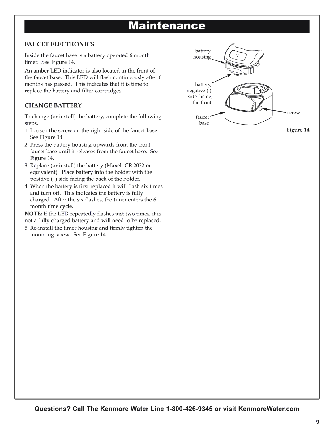 Kenmore 625.38461 warranty Maintenance, Faucet Electronics, Change Battery 