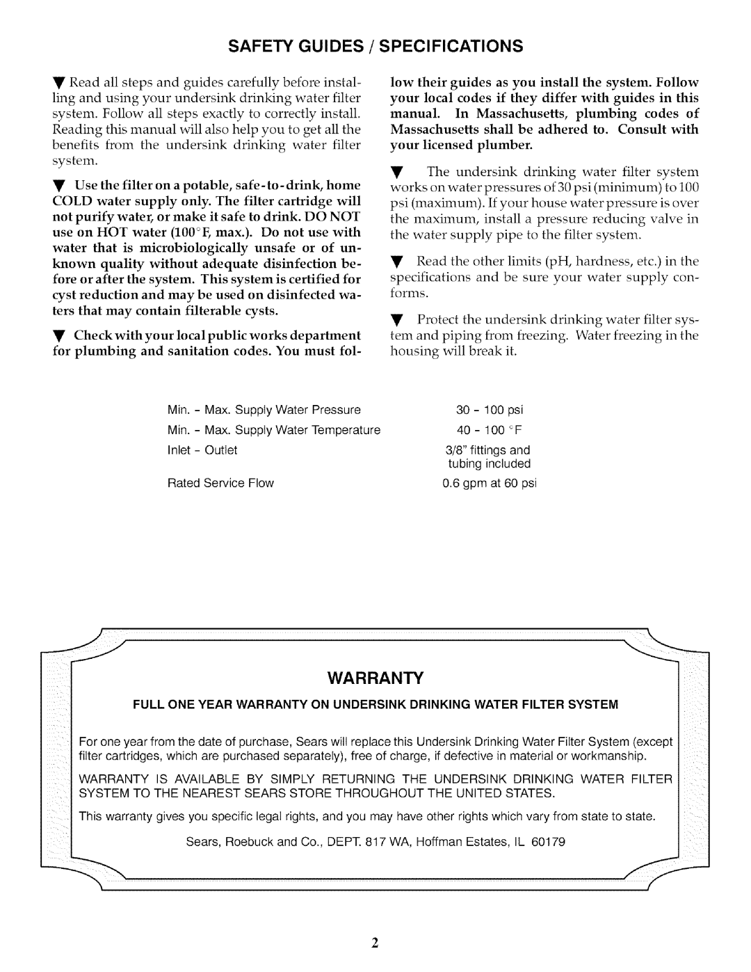 Kenmore 625.384650 owner manual Warranty, Water that is microbiologically unsafe or of un, May be used, Filterable 