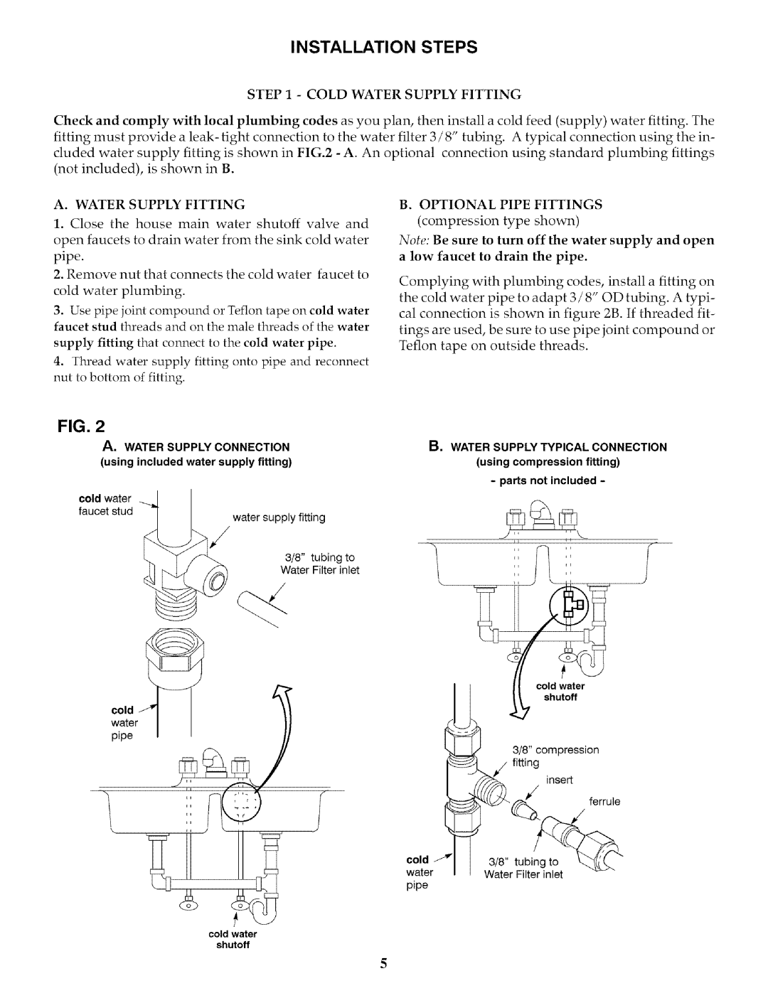 Kenmore 625.384650 owner manual Installation Steps, Water Supply Fitting, Optional Pipe Fittings 