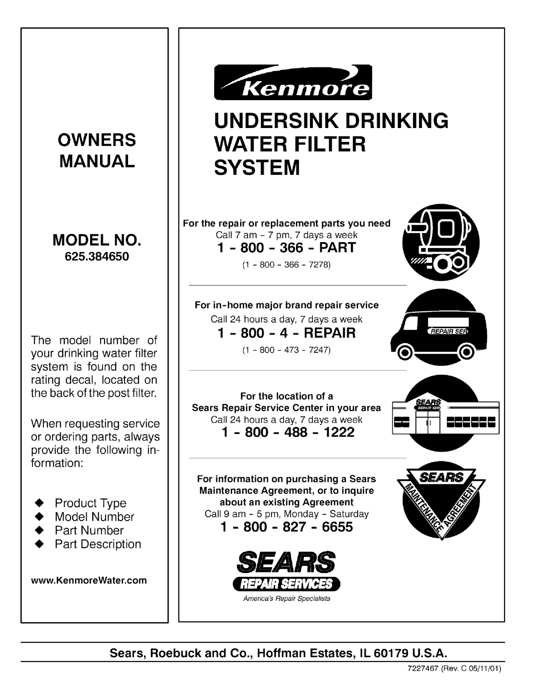 Kenmore 625.384650 Undersink Drinking Water Filter System, Owners Manual, I t v/l. .J-t i ,l, The model number of, Sears 