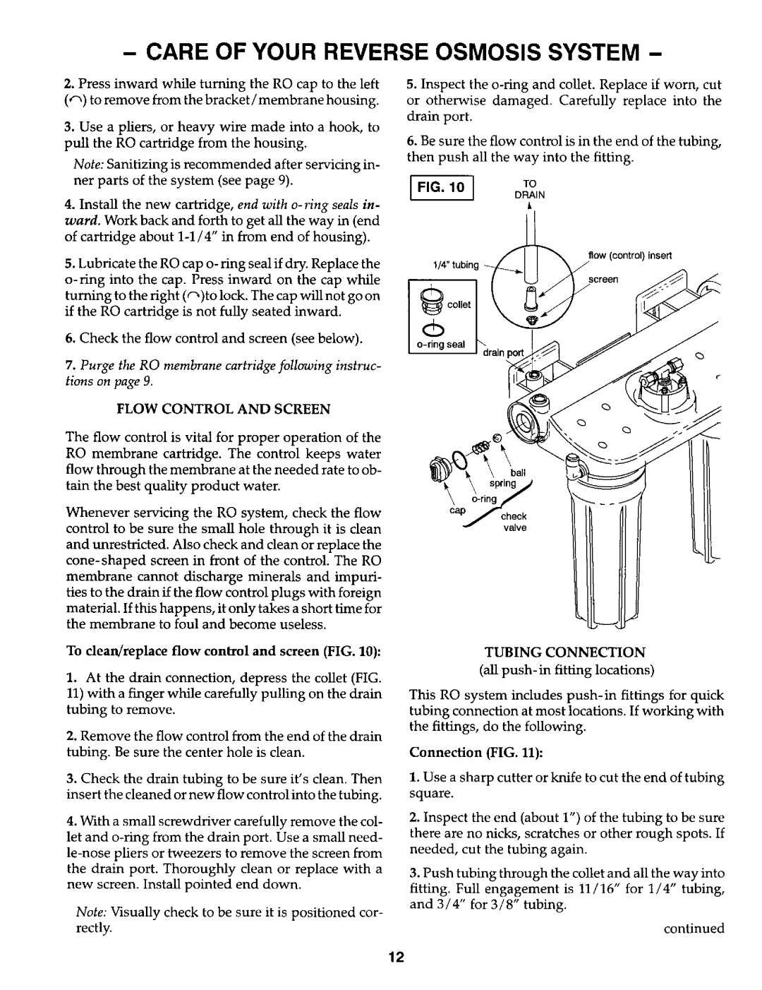 Kenmore 625.3847 Flow Control and Screen, To clean/replace flow control and screen FIG, Tubing Connection, Connection FIG 