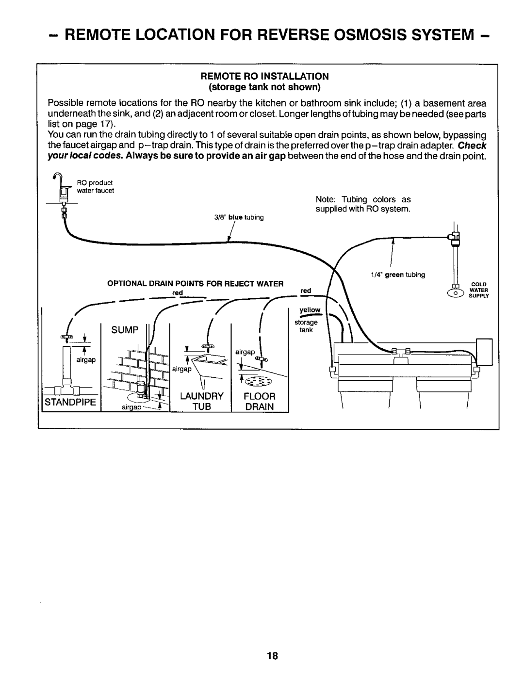 Kenmore 625.3847 owner manual Remote Location for Reverse Osmosis System, Remote RO Installation storage tank not shown 