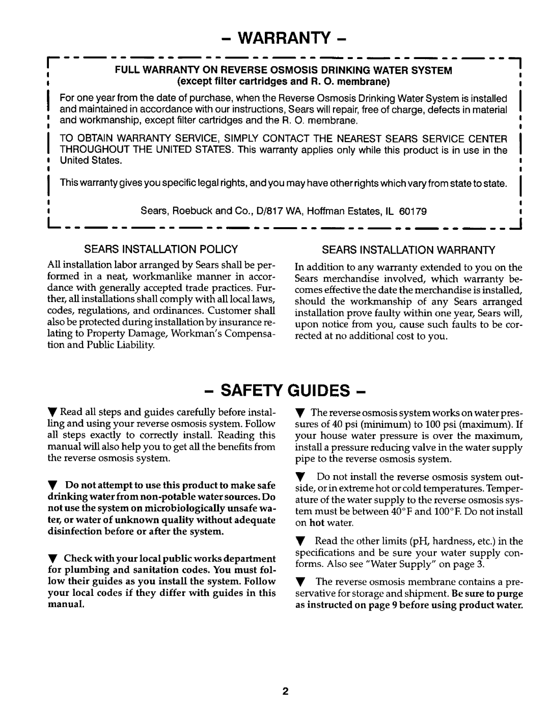 Kenmore 625.3847 owner manual Safety Guides, Full Warranty on Reverse Osmosis Drinking Water System 